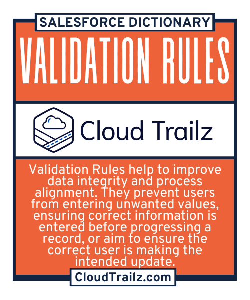 Salesforce Validation Rule setup page displaying formula editor, error message configuration, and field selection.